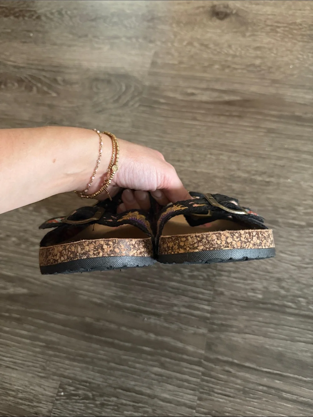 BAMBOO Black Floral Embroidered Double-Buckle Sandals